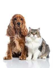 Cocker Spaniel and fluffy cat side by side on white background