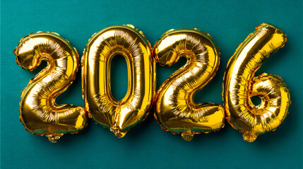 Obraz premium Golden Foil Balloon Number for Year 2026 on a Bright Solid Teal Party Background