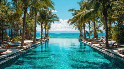 Obraz premium Tranquil poolside view of ocean under clear blue sky with palm trees