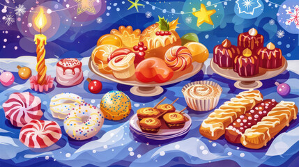 A festive Hanukkah table filled with various traditional desserts. Colorful pastries, donuts, and candies are arranged on plates with a lit candle and decorations