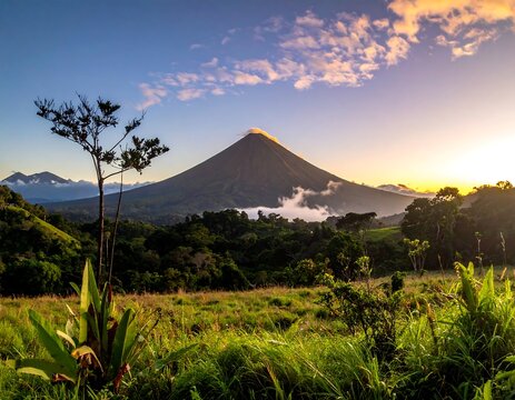 Scenic view of a mountain under a cloudy sky at dusk