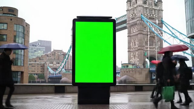 Static medium video: large vertical ad billboard, black frame, green screen on slick, rainy city street. Blurred pedestrians pass, Tower Bridge in background, overcast light. Digital out-of-home