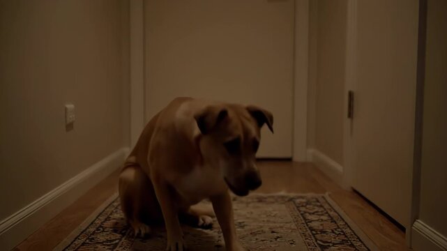 Cute brown mutt dog stretching, investigating a rug, and finally settling down in a hallway with wooden flooring inside a home