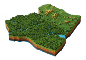 Detailed cross section of a lush green forest landscape with a river isolated on transparent background