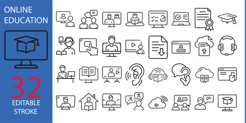 Online education icon set. Containing video tuition, e-learning, online course, audio course, educational website and digital education icons. Solid icon collection. 