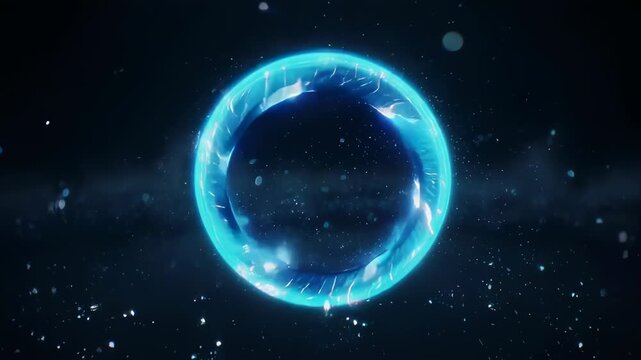 Glowing, blue, circular object floating in a starry, dark-blue space. Glittering particles surround