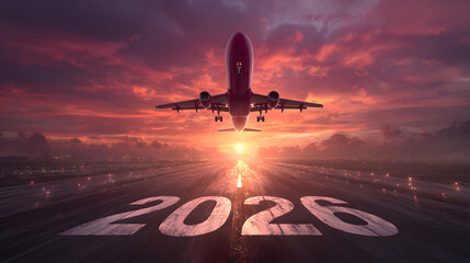 Commercial Airplane Taking Off from a Runway with 2026 New Year at a Dramatic Sunset