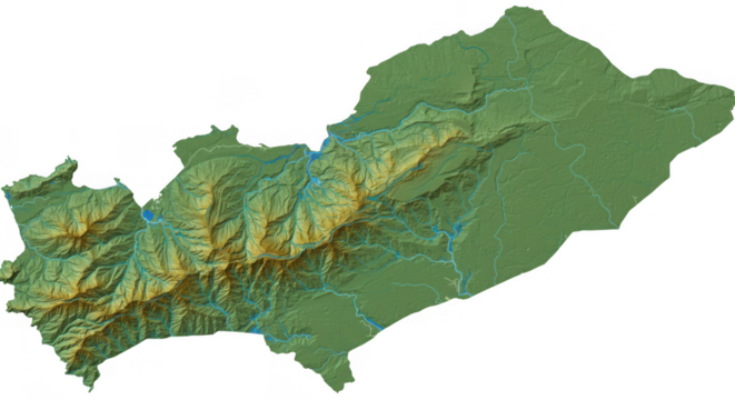 Topographical map of a mountainous region showing elevation changes isolated on transparent background