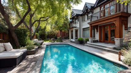 Luxury house exterior with swimming pool and garden on a sunny day