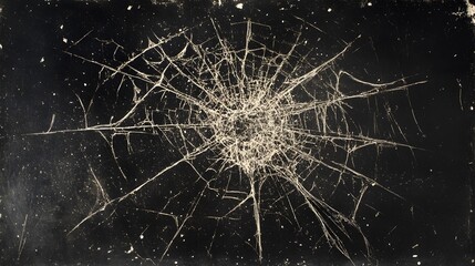 Shattered glass surface displays a radial pattern of cracks.