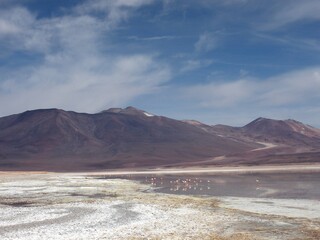 Colorful mountains, lake and sky in the Bolivian desert