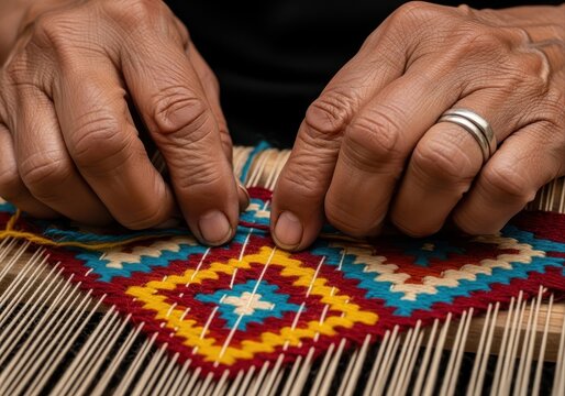 hands of elder weaving colorful wool rug on traditional loom. indigenous culture, traditions and craftsmanship. native american heritage month. cultural blog, website.