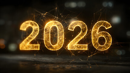 Golden Technology 2026 New Year Number with a Plexus Network on a Dark Abstract Background