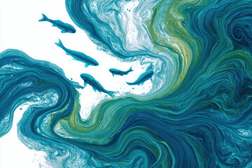 Abstract artwork of blue fish swimming in a swirling ocean. An artistic representation features several blue fish gracefully moving through vibrant, swirling water, a dynamic visual.