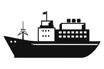 Obraz premium Silhouette Illustration of a Modern Cargo Ship with Flag and Multiple Decks