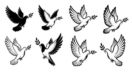 Collection of flying dove silhouettes with olive branches isolated on white background