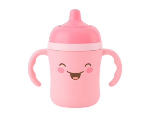 Adorable pink sippy cup featuring a cheerful cartoon face ideal for toddlers and babies