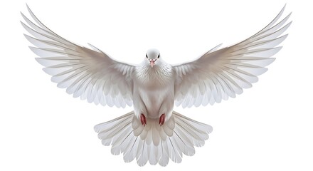 Obraz premium A beautiful white dove with outstretched wings flying towards the viewer isolated on white background