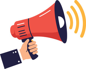 Hand holding red megaphone announcing news with sound waves vector