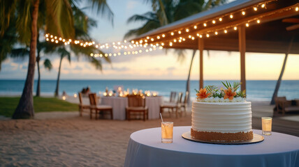 Beach cake sunset celebration tropical outdoor party festive palm