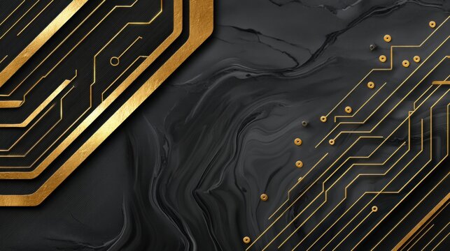 luxury tech background, black marble texture combined with golden digital circuits, premium futuristic style