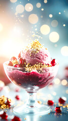 Luxurious berry sorbet served in a crystal dessert glass, topped with edible gold flakes and fresh pomegranate seeds, illuminated by soft bokeh lights.