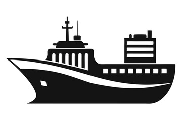 Fototapeta premium Stylized Black Silhouette of a Large Cargo Ship or Ferry Boat Illustration