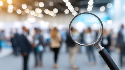 magnifying glass icon in front of job fair crowd, recruitment and career opportunities theme