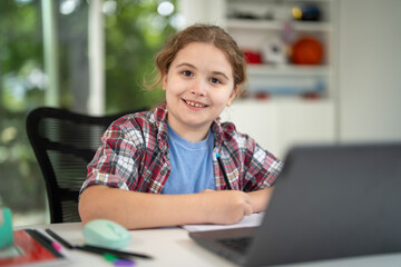Child learning at home with laptop and books. Kid studying in a cozy home classroom. Kid with homework. Online lessons. Education concept. Child tutoring at home. Boy doing schoolwork in kids room.