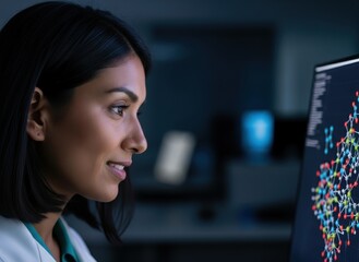 female scientist studies complex molecular structure on computer. focused look suggests breakthrough in modern research lab. science, technology, and healthcare concept.