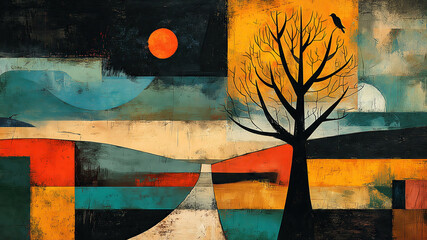 abstract Halloween painting in cubist and surrealist style