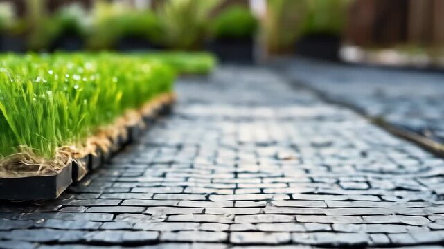 Close-up of vibrant green grass seedlings in black propagation trays with water droplets