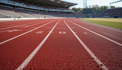 High-quality visuals of red synthetic tracks, lane markings, and modern stadiums. Perfect for athletic branding, sports event design, infrastructure presentations, or training concepts. AI generated.

