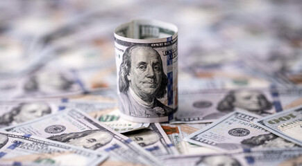 Money background with Franklin on the 100-dollar note. Texture of US dollar currency and banknotes....