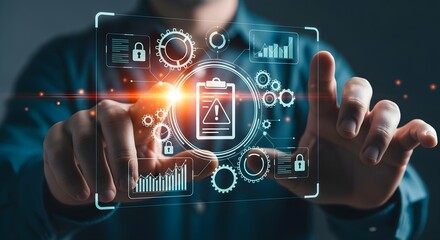 Man interacting with futuristic holographic interface displaying battery charge and data analytics