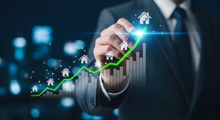 Businessman drawing upward trending green graph with house icons representing real estate growth and investment success
