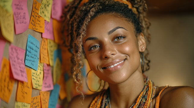 Warm close-up portrait of a beautiful young woman with curly hair and a confident smile. She is positioned next to brightly lit wall covered in colorful sticky notes, symbolizing creativity, planning