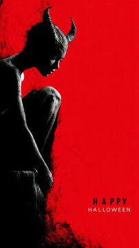 She-Devil silhouette against red background. Happy Halloween. Demon, Devil. Monster poster. Card. Banner. Wallpaper.