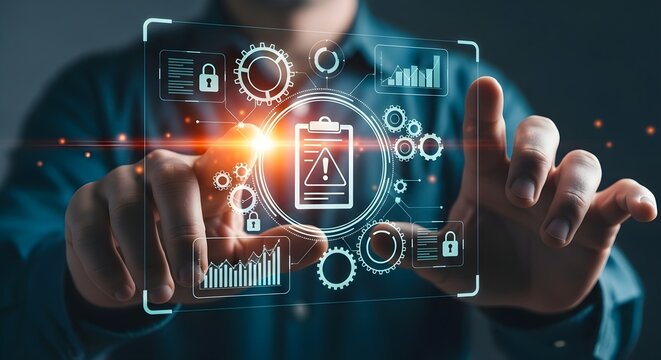 Man interacting with futuristic holographic interface displaying battery charge and data analytics