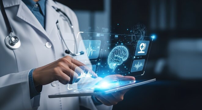 Doctor using futuristic holographic interface to analyze medical data and patient information digitally - Powered by Adobe