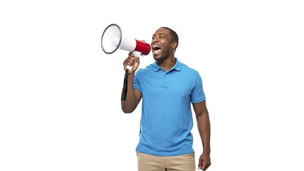 A dark-skinned man in a blue polo shirt shouts into a red and white megaphone against a plain white background - Powered by Adobe