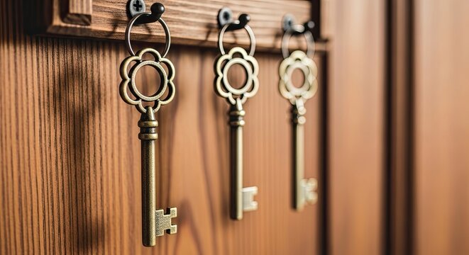 Antique Decorative Keys Hanging on Wooden Wall Organizer - Powered by Adobe