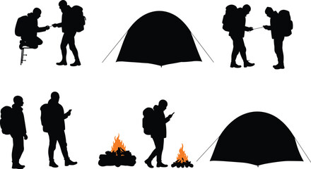 Camping silhouettes, hikers with backpacks, tent and campfire, outdoor adventure, digital lifestyle, nature exploration, teamwork, technology use, wilderness travel, night camping