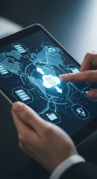 Tablet displaying cloud data transfer interface, showcasing digital technology and global connectivity, symbolizing efficient data management and secure access