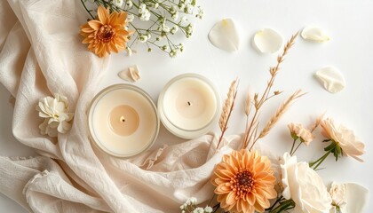 Relaxing candle arrangement with fresh flowers home decor natural setting aesthetic viewpoint serenity concept