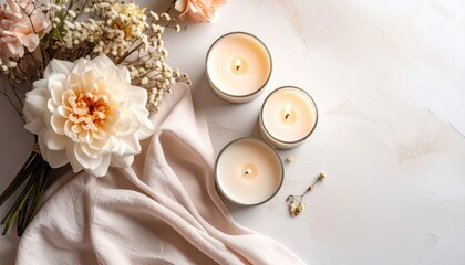 Serene candle arrangement with flowers home decor still life natural light tranquil ambiance