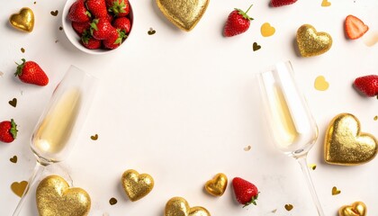 Celebration table setup with strawberries and gold hearts romantic theme indoor decor top view festive atmosphere