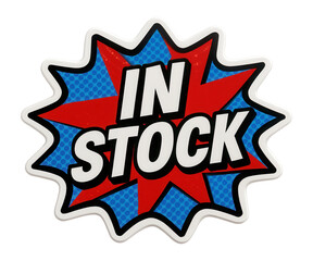 Bold burst sticker with IN STOCK message in vibrant comic style, attention-grabbing retail promo offer on transparent background.
