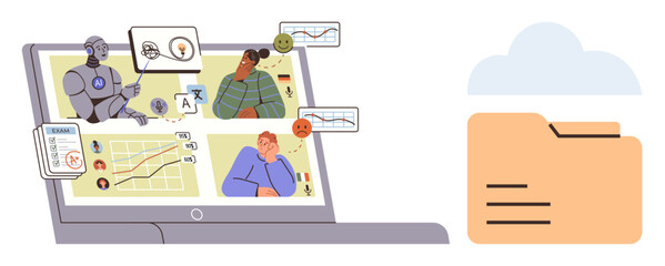 Laptop displaying AI, human interaction, charts, and documents, illustrating data collaboration. Ideal for teamwork, technology, analytics, AI applications digital communication creative thinking