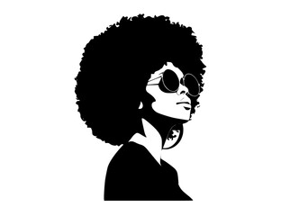 a stylized silhouette of a woman with an afro and sunglassesafro, black, cup, goggles, hair, illustration, profile, sunglasses, wear, woman 